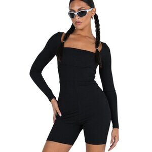 Princess Polly Black Ribbed Sara Playsuit Romper, Square Neck US 18